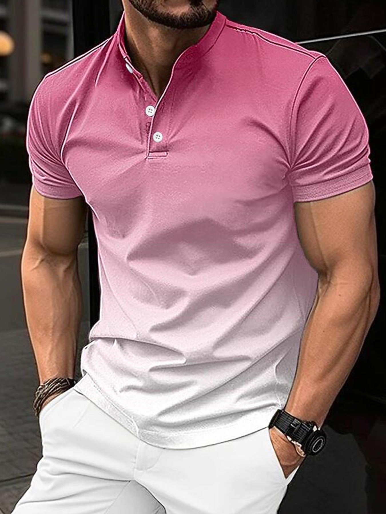 Men Stand Collar Gradient Casual Golf Short Sleeve