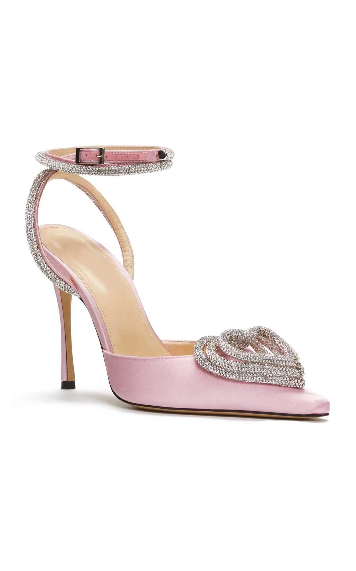 Pink pointed toe heels with heart rhinestone encrusted accents shapes.