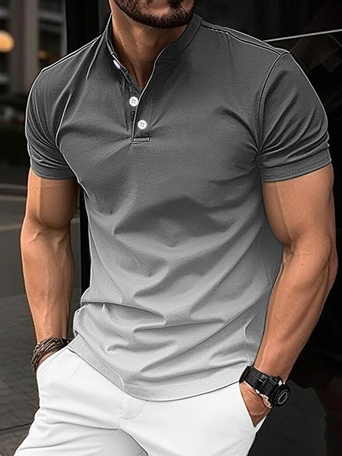 Men Stand Collar Gradient Casual Golf Short Sleeve