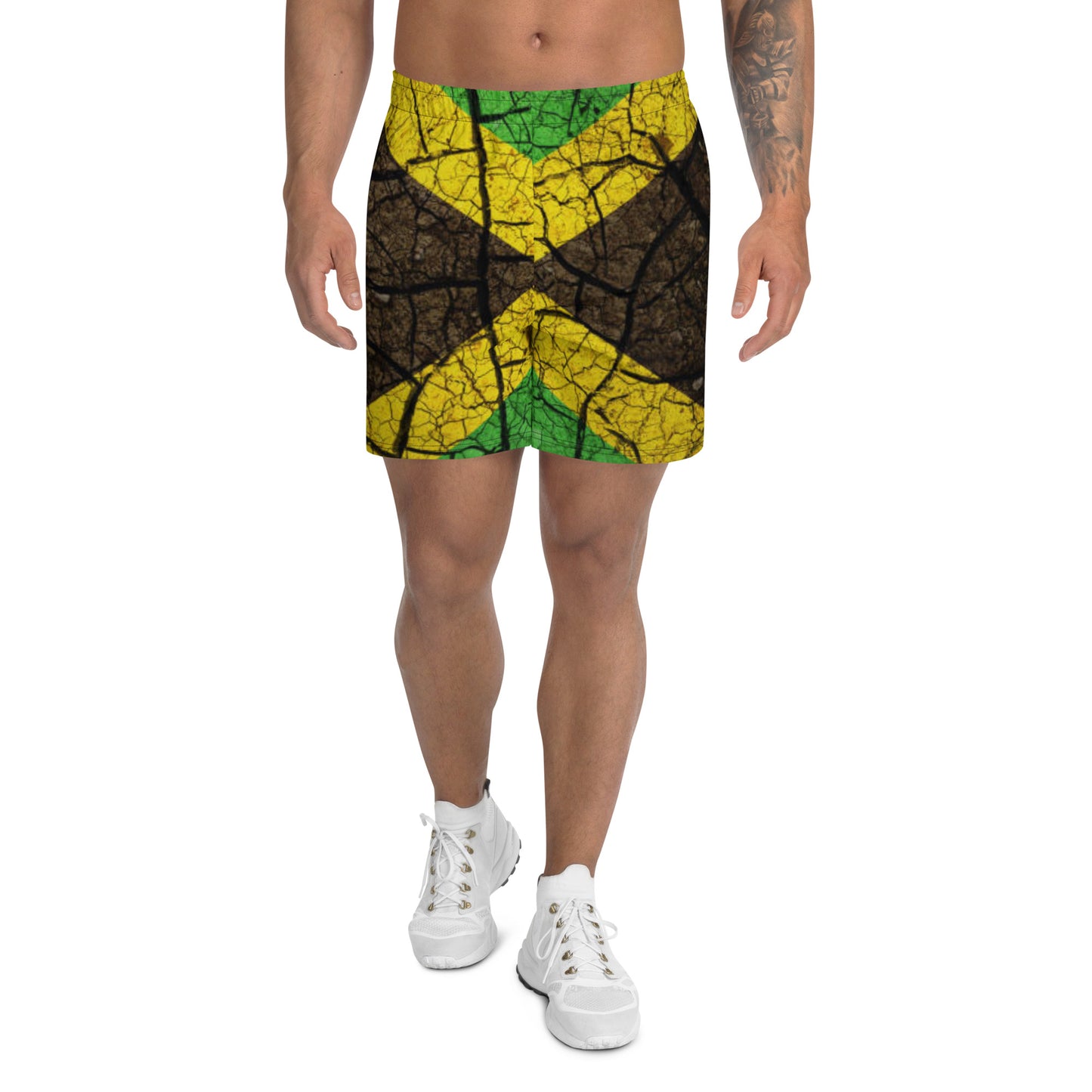 An athletic men shorts with Jamaican Flag crackle design. Boasting colors of black, green and gold.