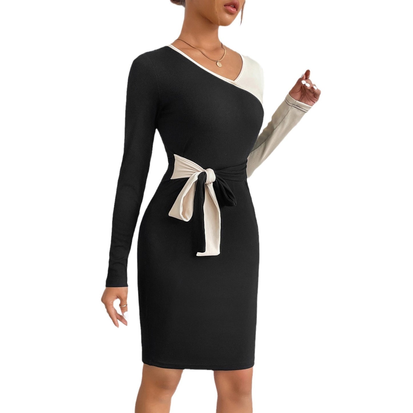 Women's Color Block Tied Sheath Long Sleeve Dress