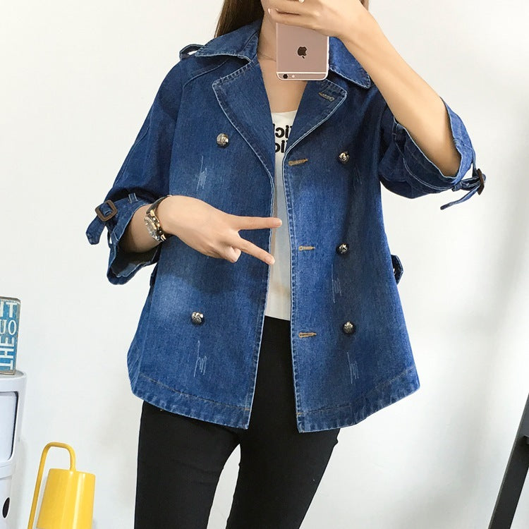 Women's Oversized Denim Coat, Double Breasted Button Down Style, Blue