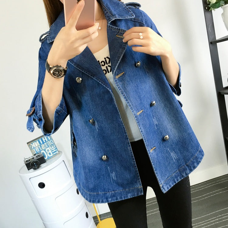 Women's Oversized Denim Coat, Double Breasted Button Down Style, Blue