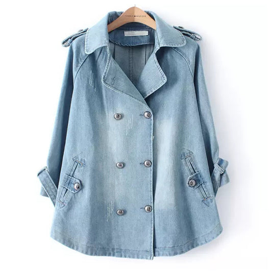 Women's Oversized Denim Coat, Double Breasted Button Down Style, Blue