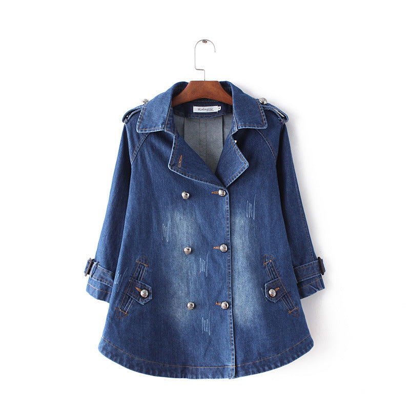 Women's Oversized Denim Coat, Double Breasted Button Down Style, Blue