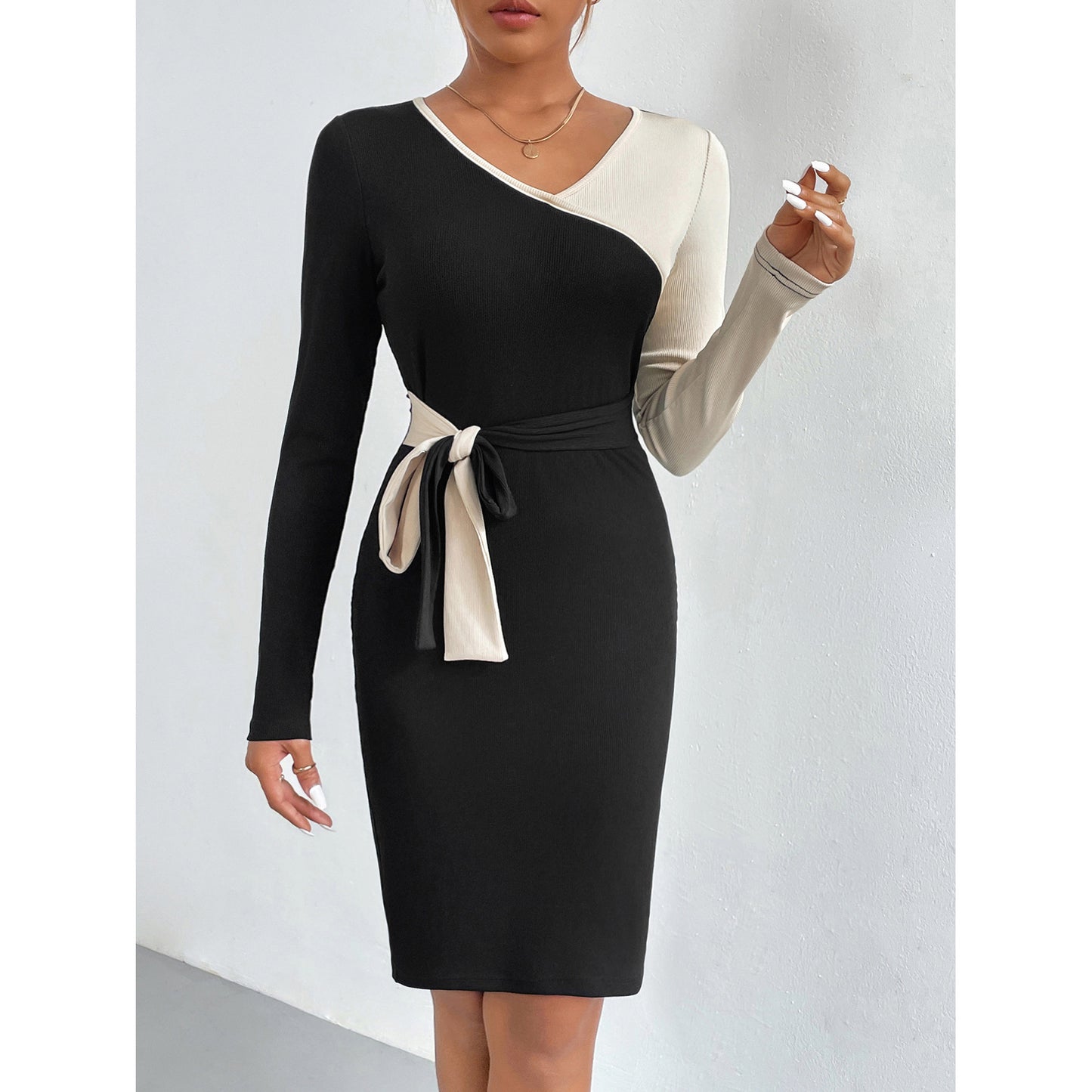 Women's Color Block Tied Sheath Long Sleeve Dress