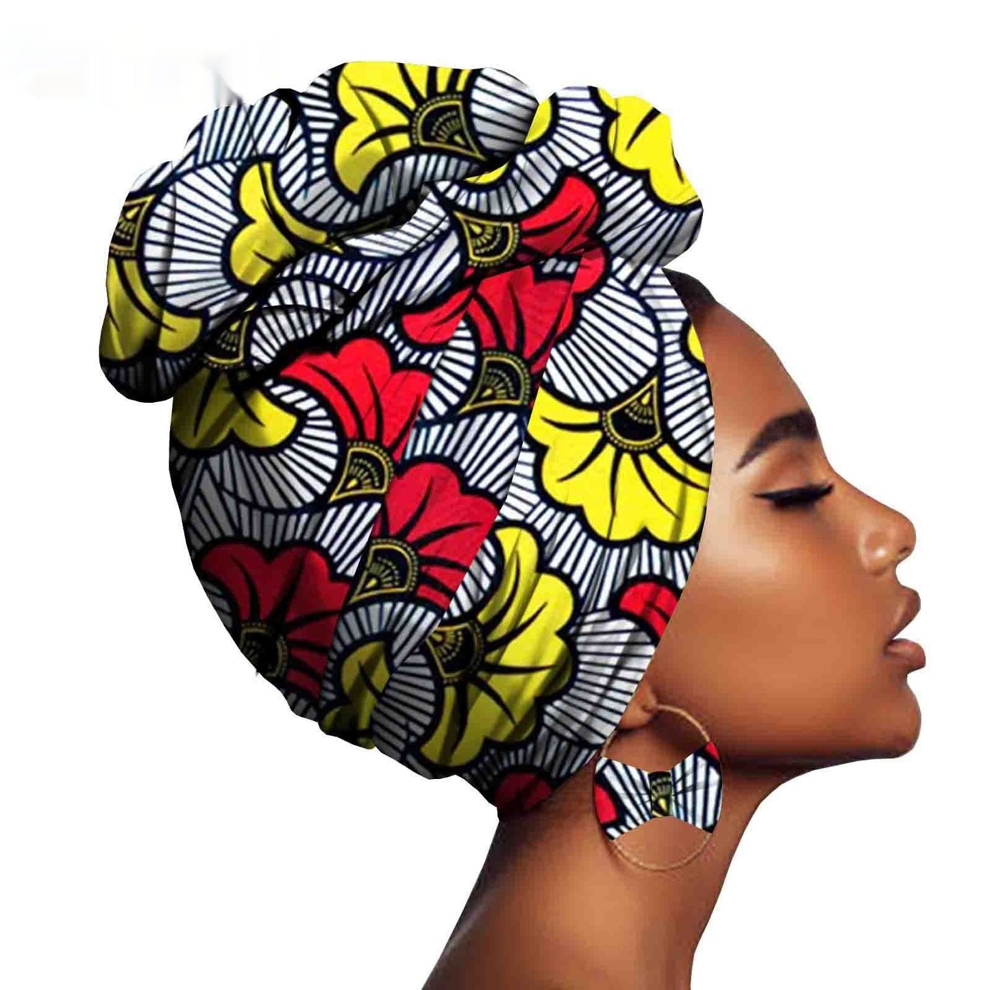 African Printed Batik Headscarf  with Exaggerated Earrings