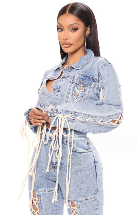 Lace-up Denim Coat For Women