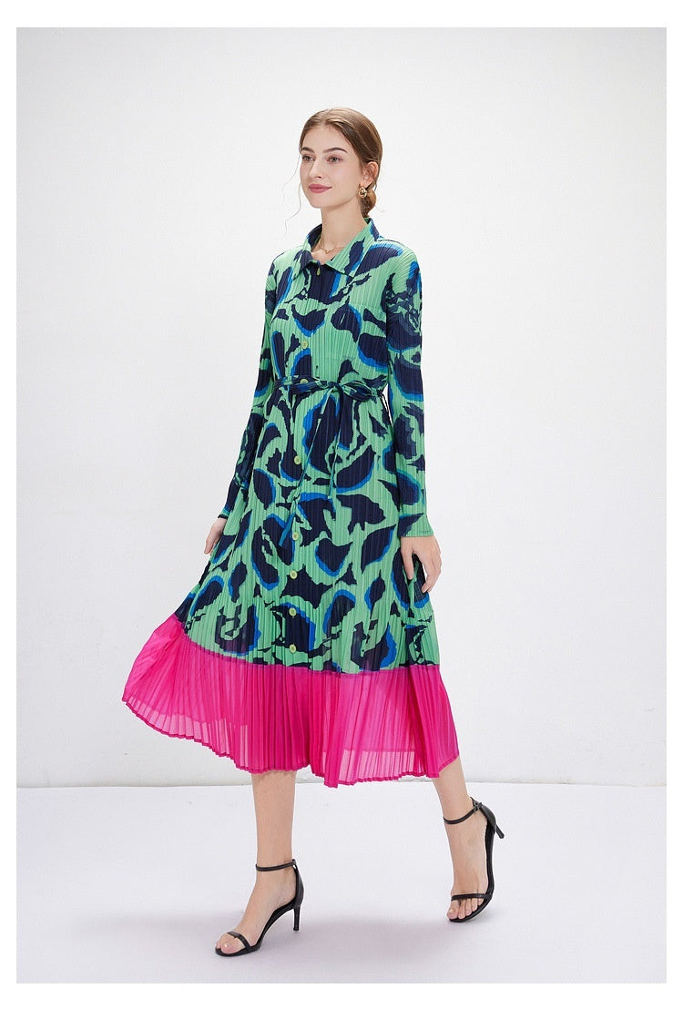 Green Floral  Print  Maxi Pleated Dress