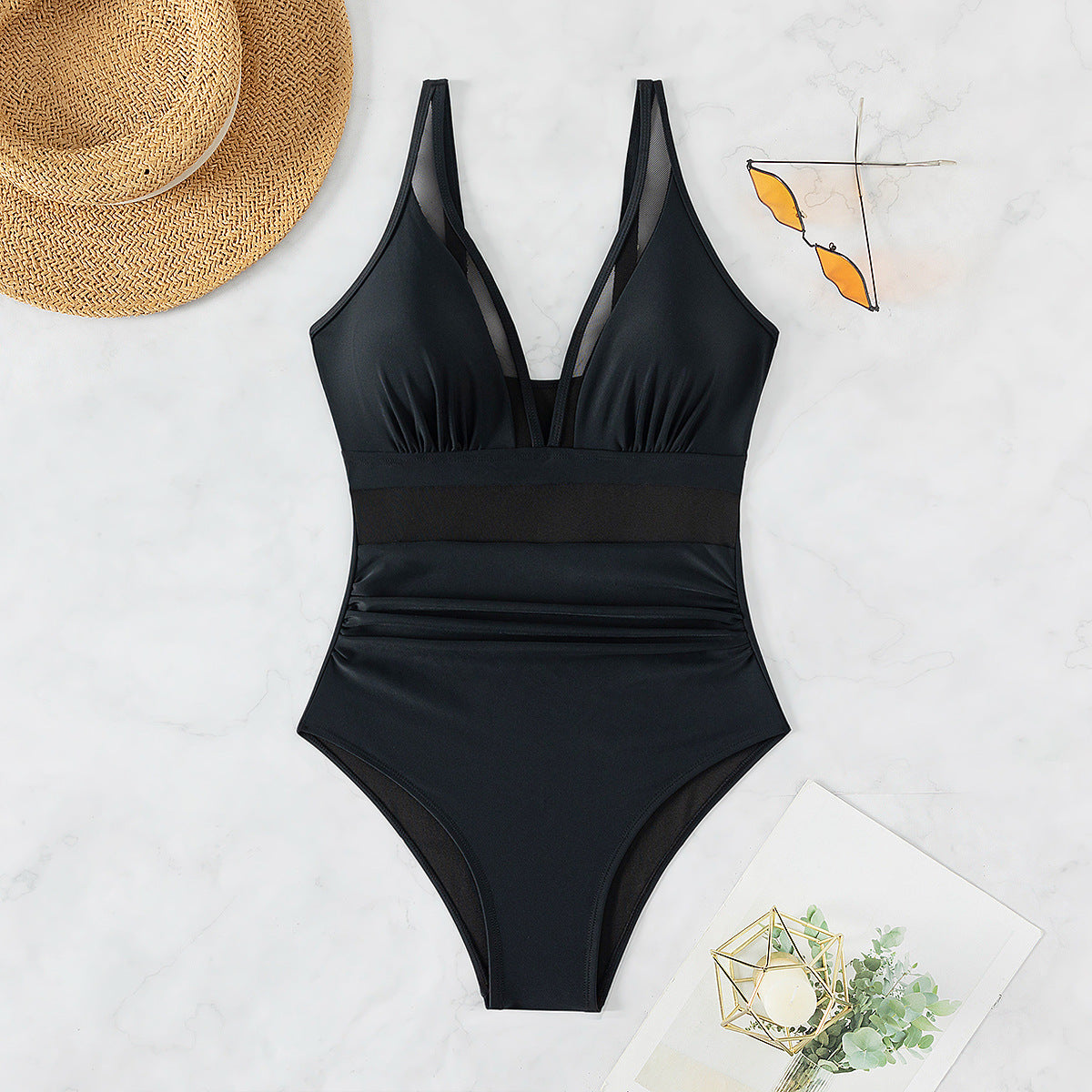 Pure Color Mesh Halter Bikini One-piece Swimsuit