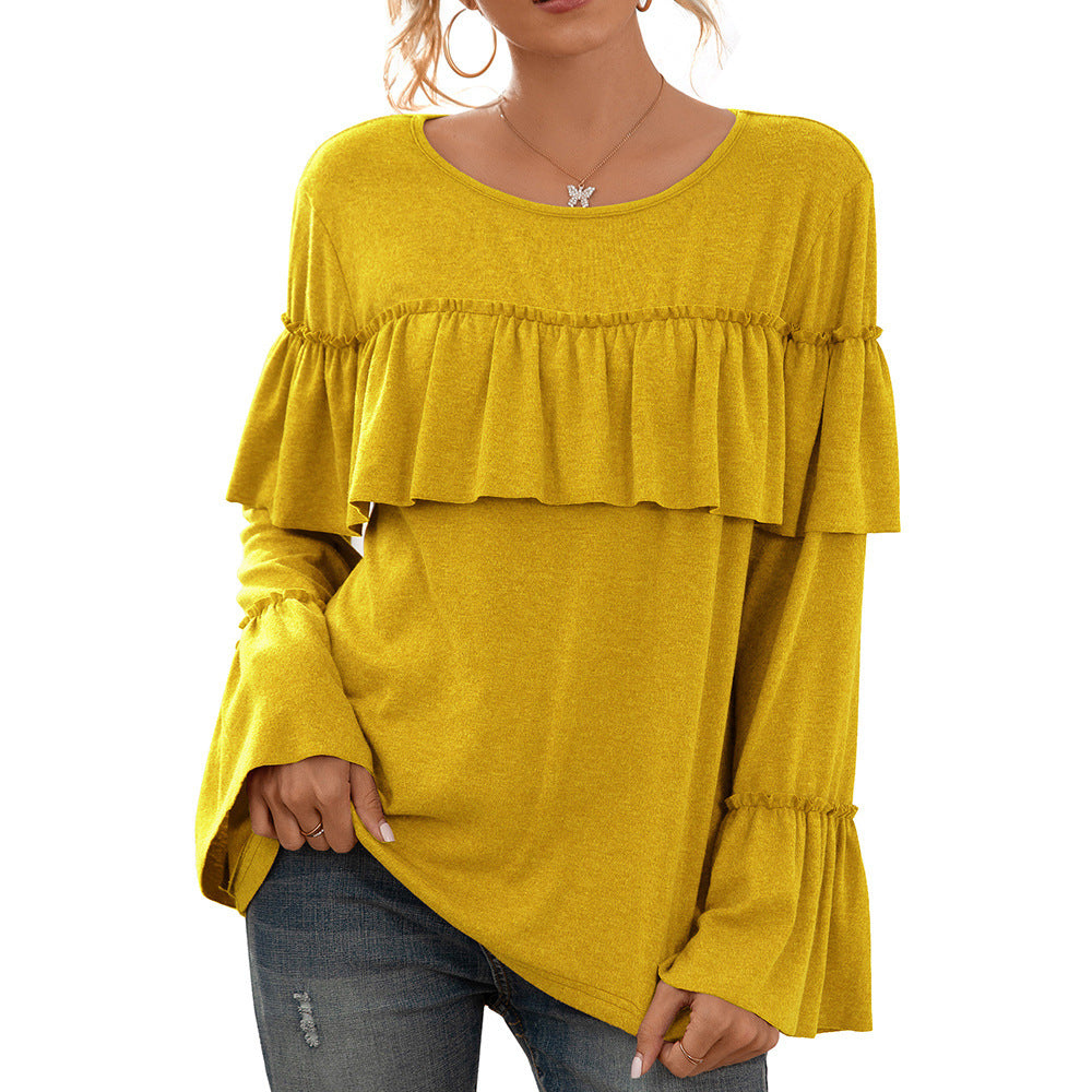 Casual Ruffled Stitching Long-sleeved Solid Color Mid-length T-shirt Top Women