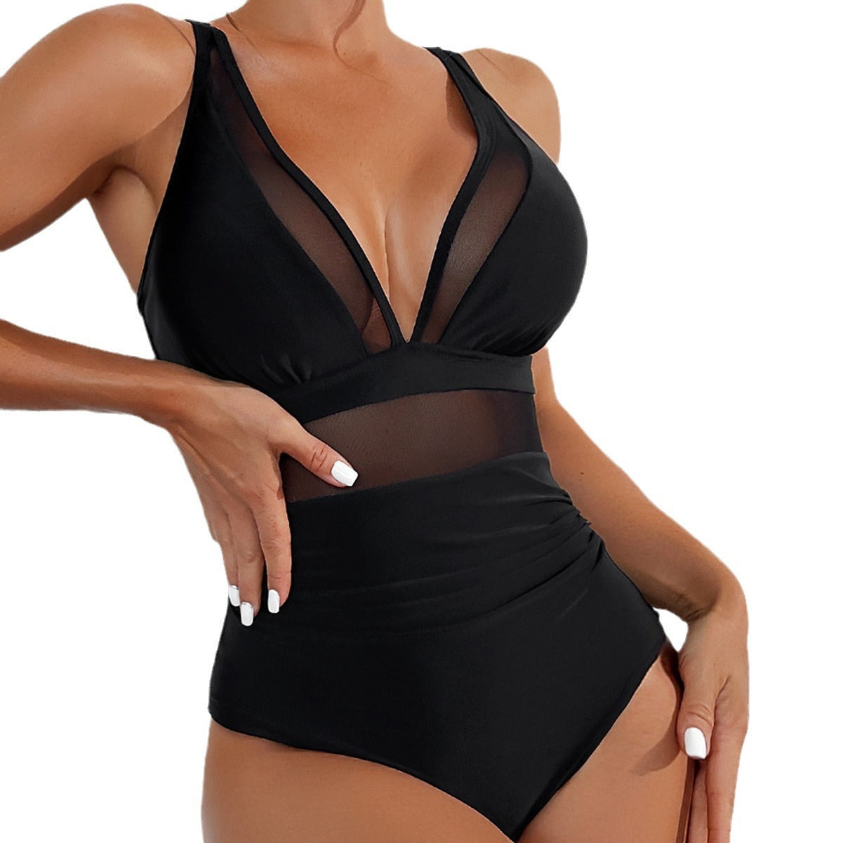 Pure Color Mesh Halter Bikini One-piece Swimsuit