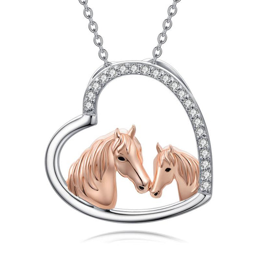 Mama and Baby Horse 925 Sterling Silver  Heart Mother Daughter/Son Necklace for Women