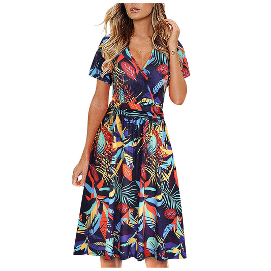 Tropics Printed V-neck Wrapped Chest Short Sleeve Pocket  Mid Dress