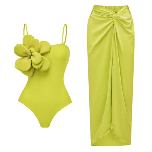 Solid Color Strap Tube Top Three-dimensional Flower Slip-on One-piece Swimsuit