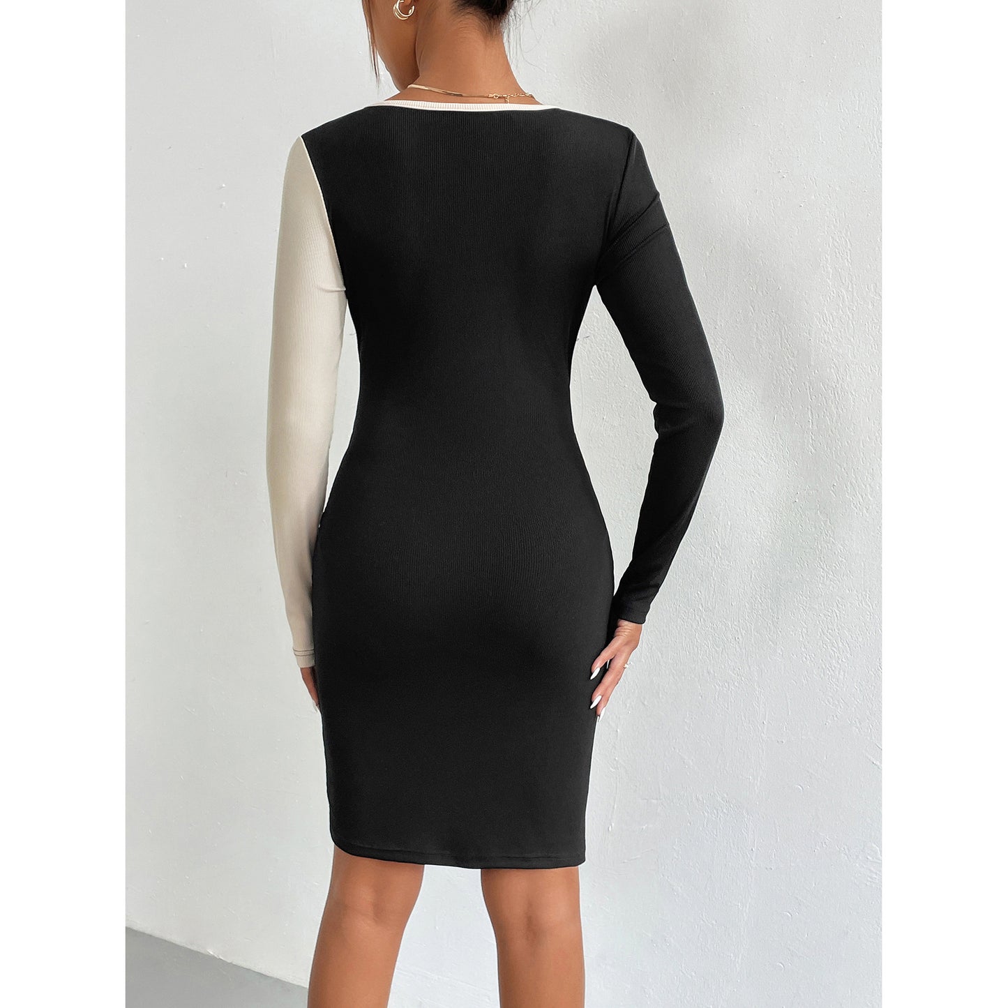 Women's Color Block Tied Sheath Long Sleeve Dress