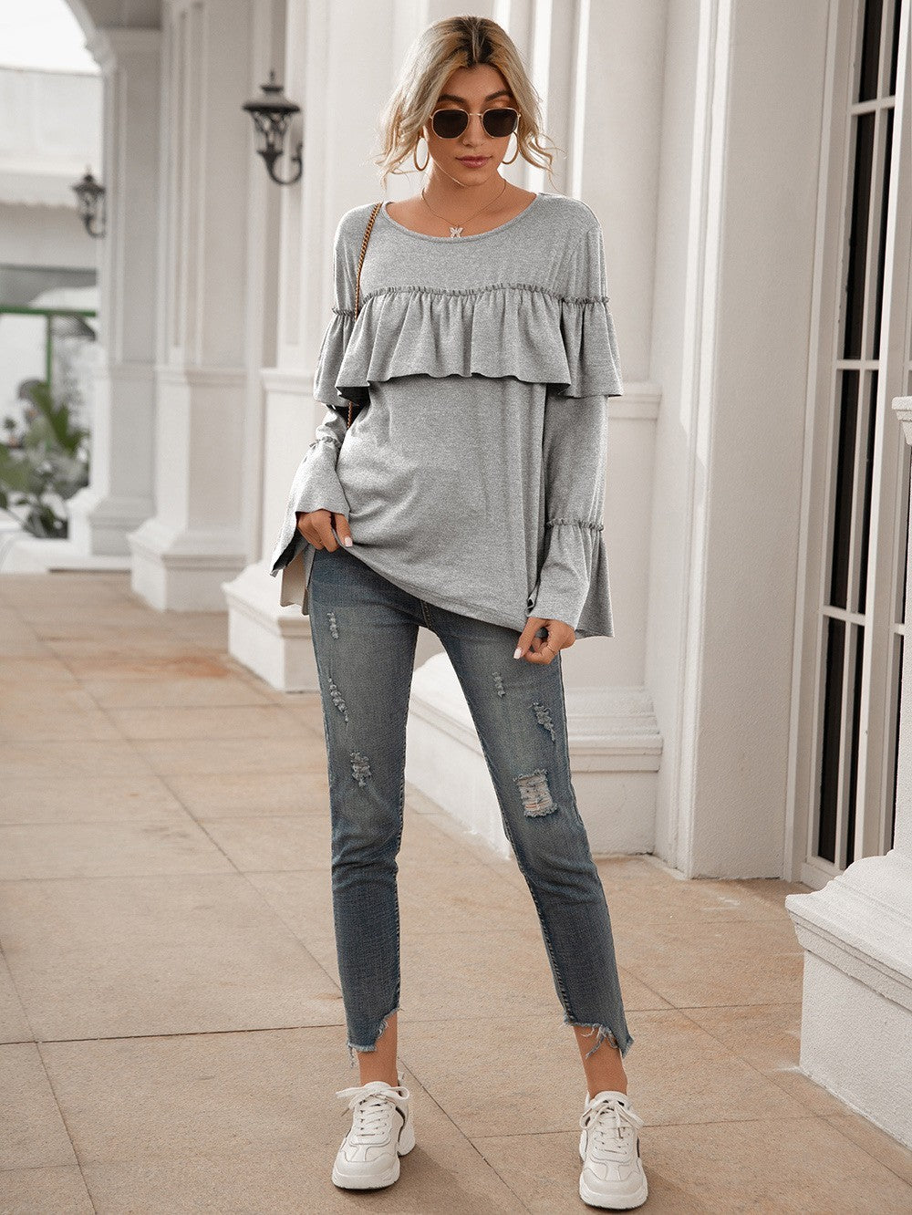 Casual Ruffled Stitching Long-sleeved Solid Color Mid-length T-shirt Top Women