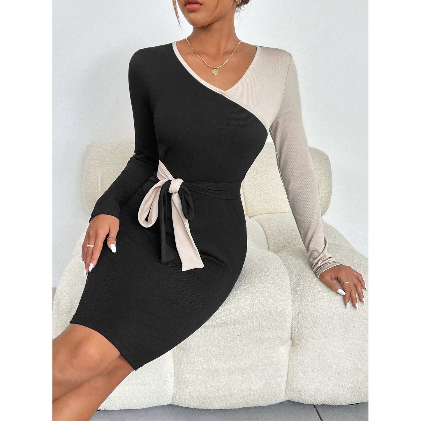 Women's Color Block Tied Sheath Long Sleeve Dress