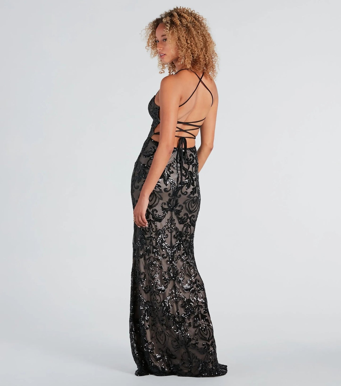 Black Sequin Spaghetti Strap Backless Elegant Dress