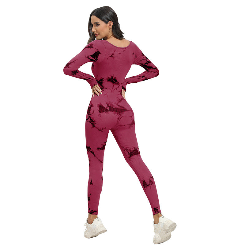 New Tie-dye Square Collar Long Sleeve Sports Seamless Yoga Bodysuit for Women