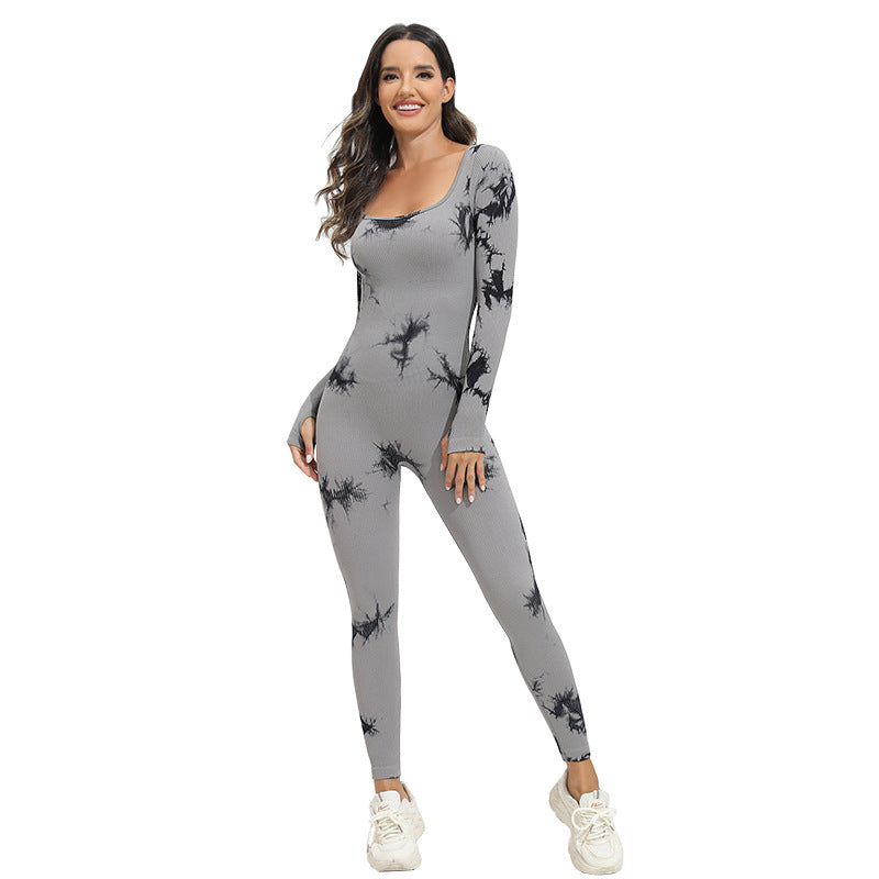 New Tie-dye Square Collar Long Sleeve Sports Seamless Yoga Bodysuit for Women