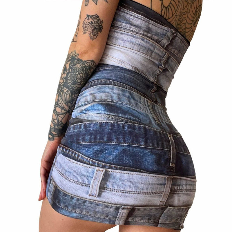 Women's Stunner Denim Print Slim Fit Tube Top Mini Dress