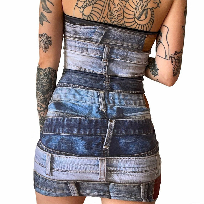 Women's Stunner Denim Print Slim Fit Tube Top Mini Dress