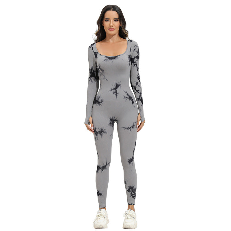 New Tie-dye Square Collar Long Sleeve Sports Seamless Yoga Bodysuit for Women