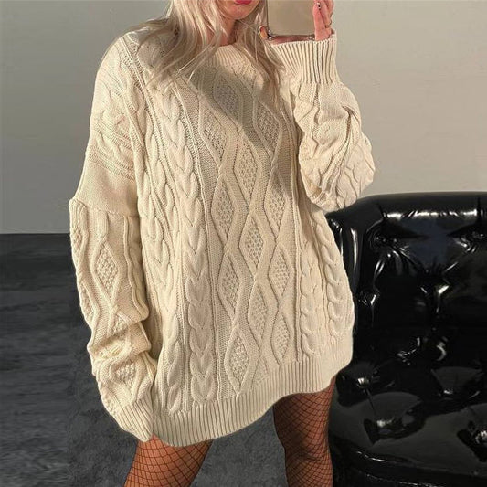 Cable Knit Long Sleeve Mini Sweater Dress, Loose Fit, Round Neck