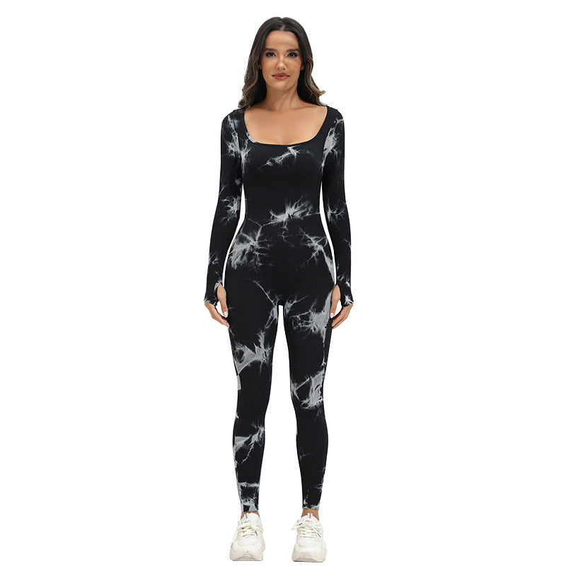 New Tie-dye Square Collar Long Sleeve Sports Seamless Yoga Bodysuit for Women