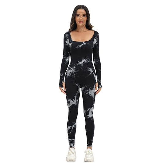 New Tie-dye Square Collar Long Sleeve Sports Seamless Yoga Bodysuit for Women