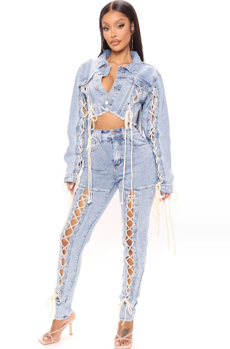 Lace-up Denim Coat For Women