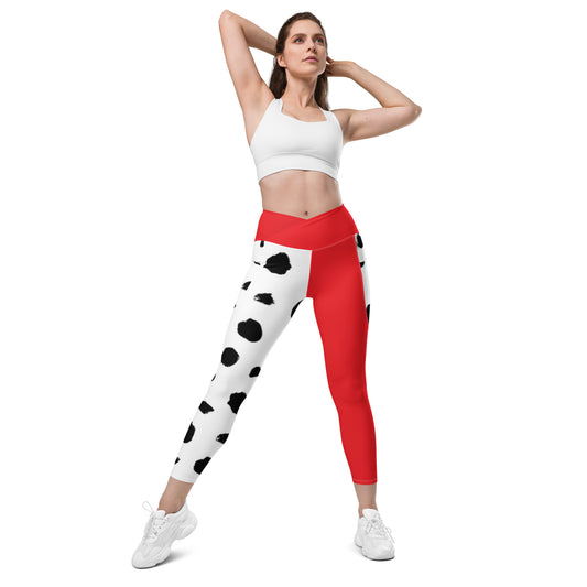 Red Dalmatian Crossover leggings with pockets