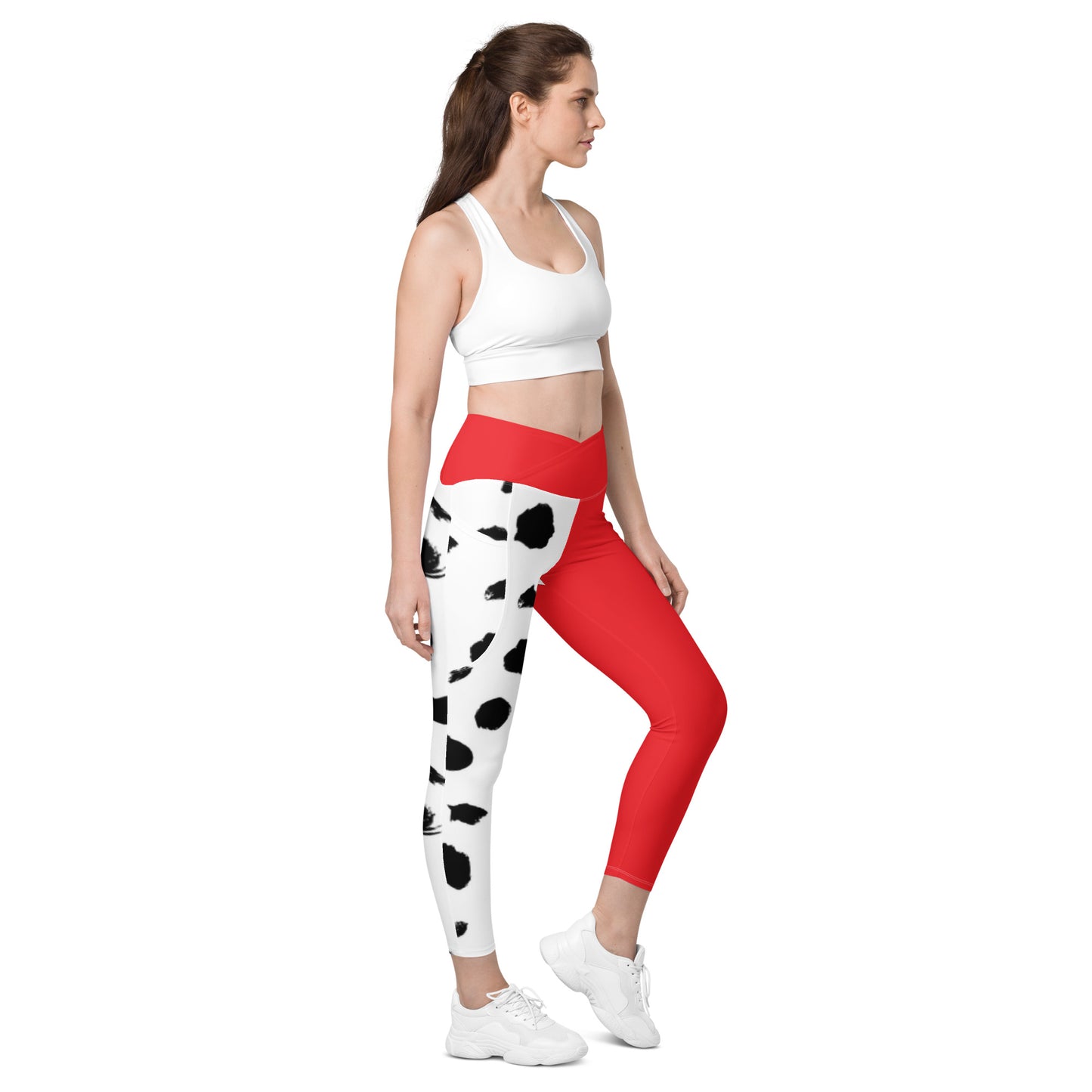 Red Dalmatian Crossover leggings with pockets