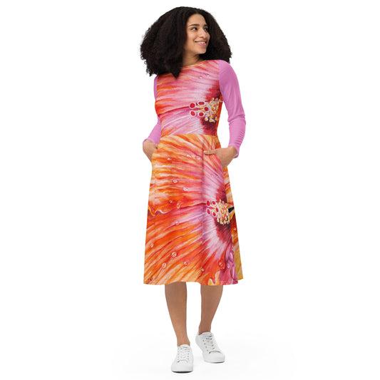 Hibiscus Print Long Sleeve Midi Dress