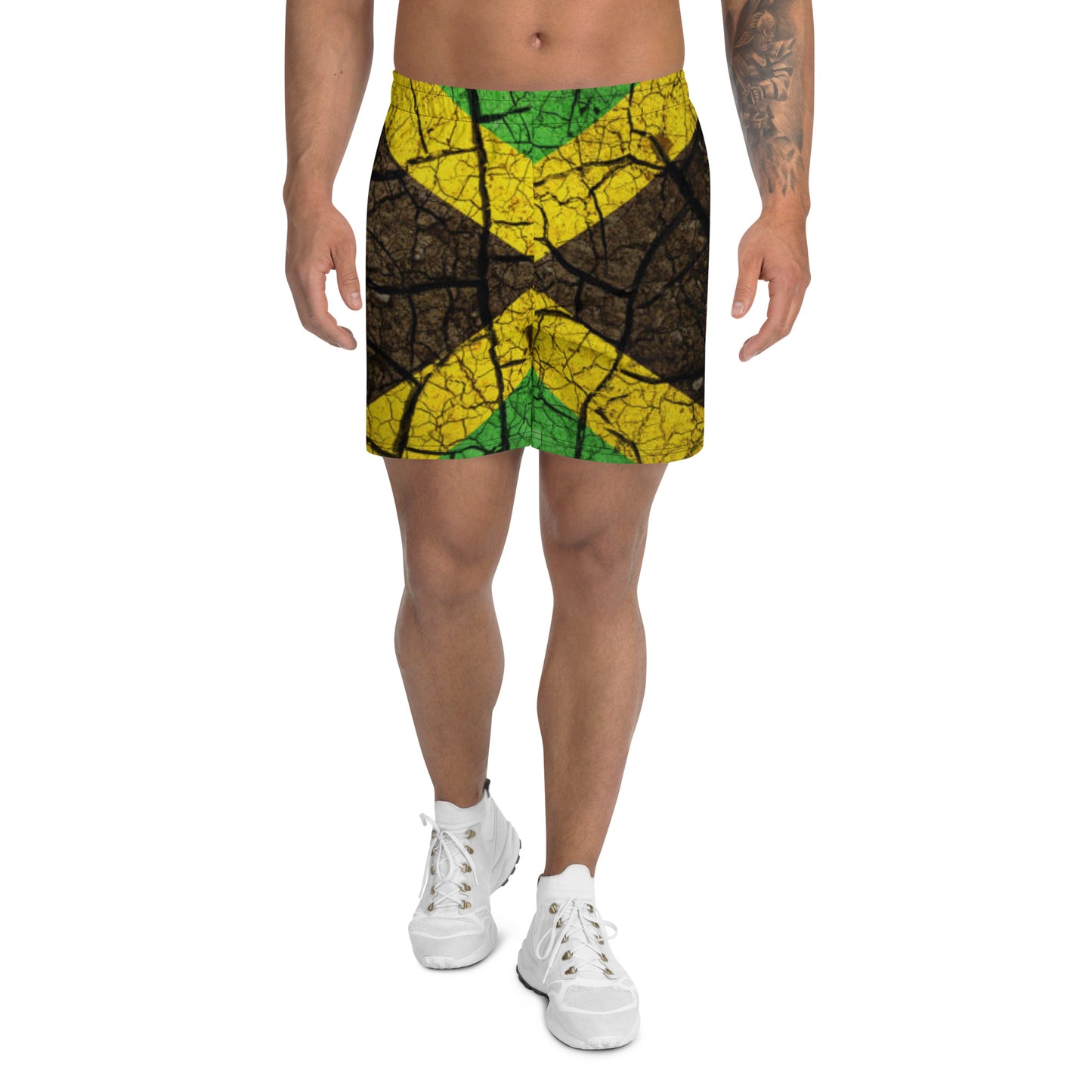 An athletic men shorts with Jamaican Flag crackle design. Boasting colors of black, green and gold. 