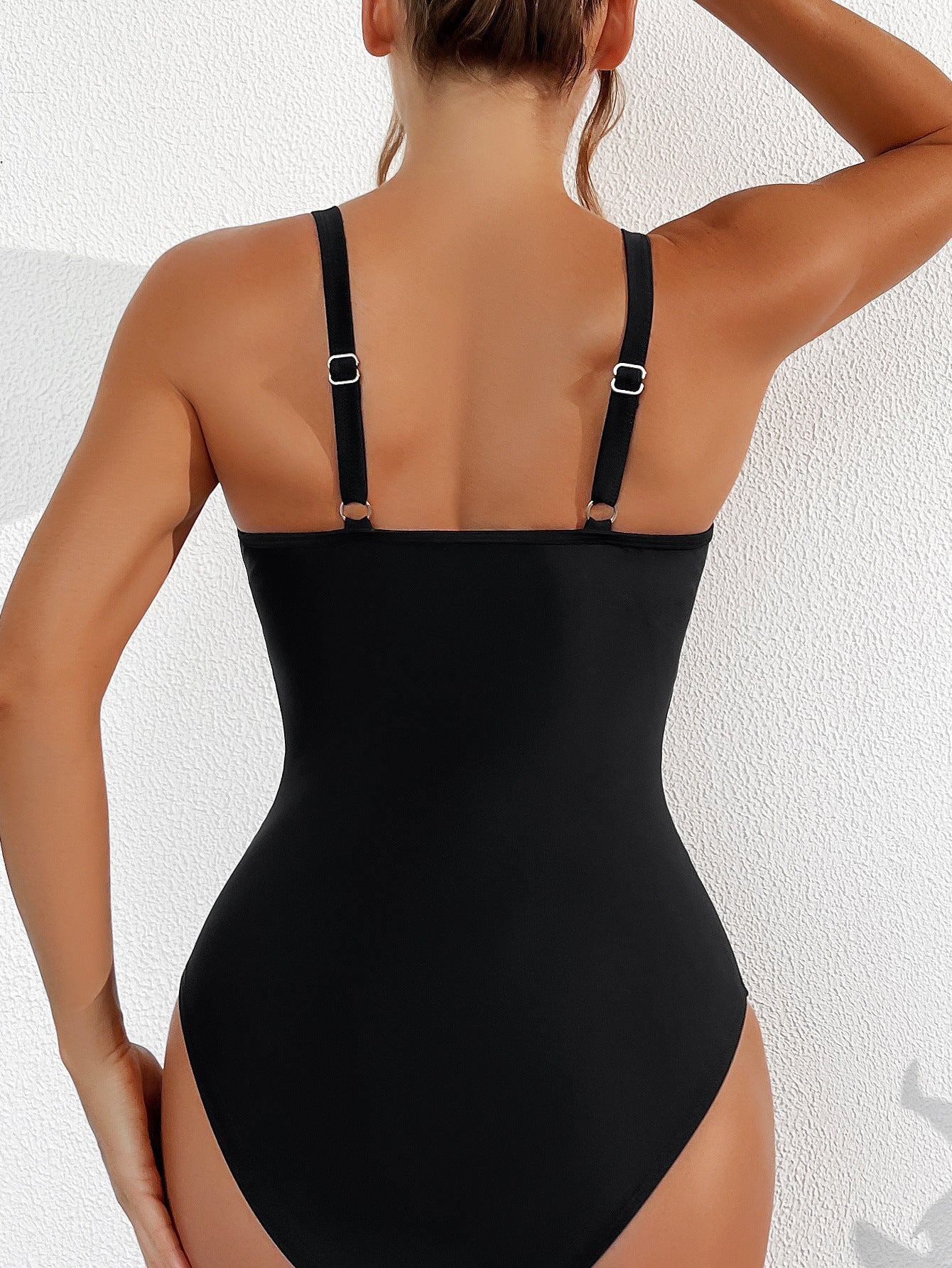 Pure Color Mesh Halter Bikini One-piece Swimsuit