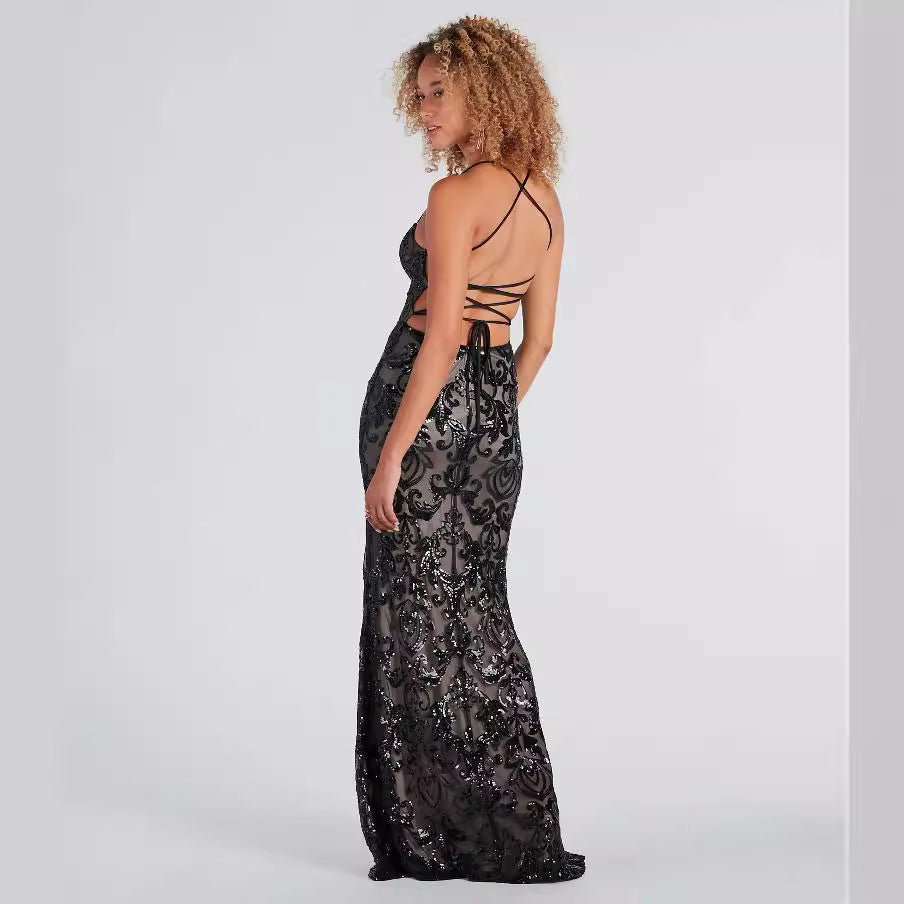 Black Sequin Spaghetti Strap Backless Elegant Dress