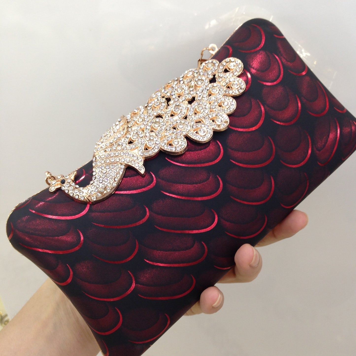 Diamond-encrusted Peacock Leather Clutch