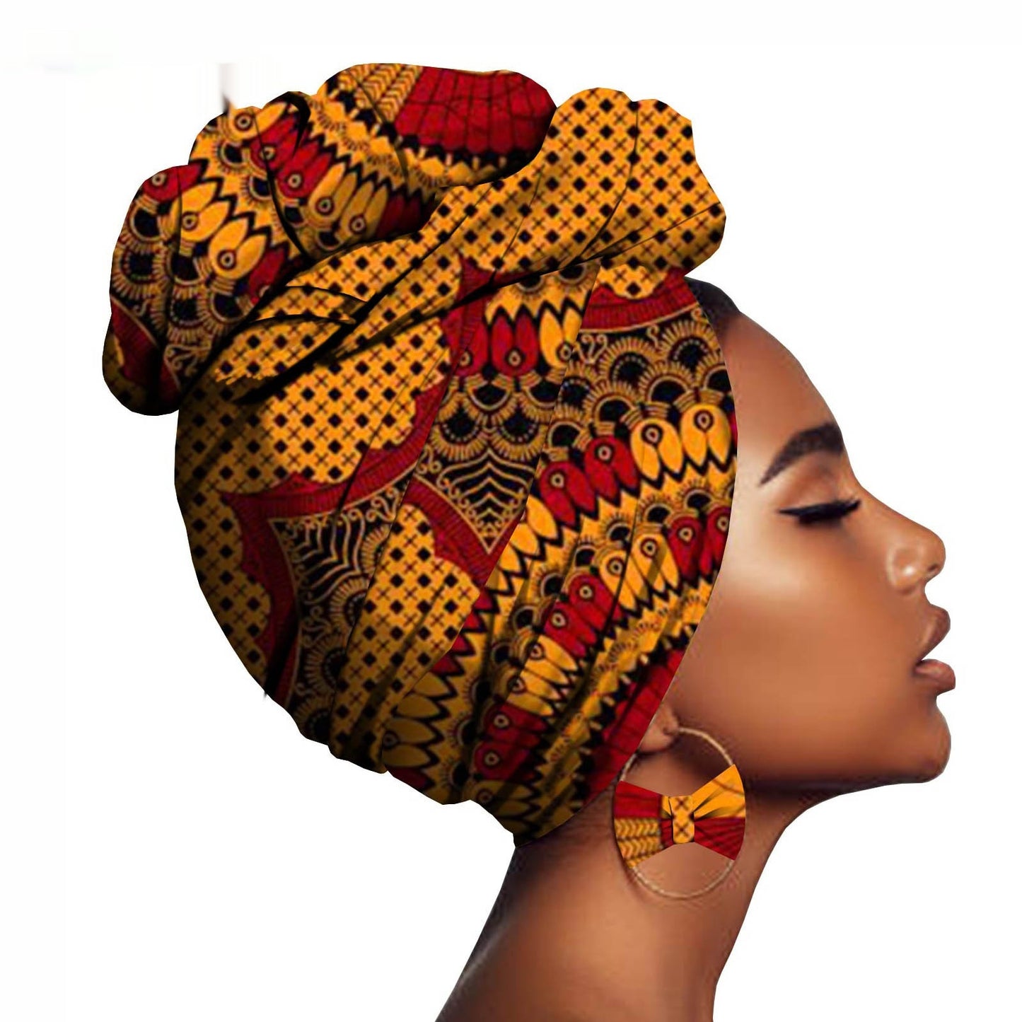 African Printed Batik Headscarf  with Exaggerated Earrings