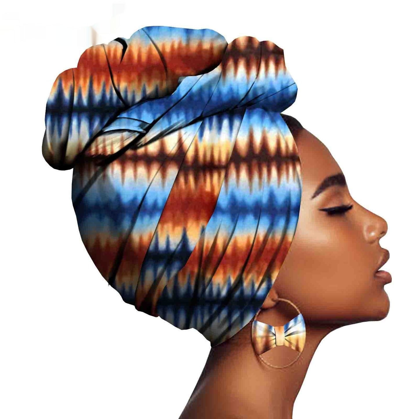 African Printed Batik Headscarf  with Exaggerated Earrings