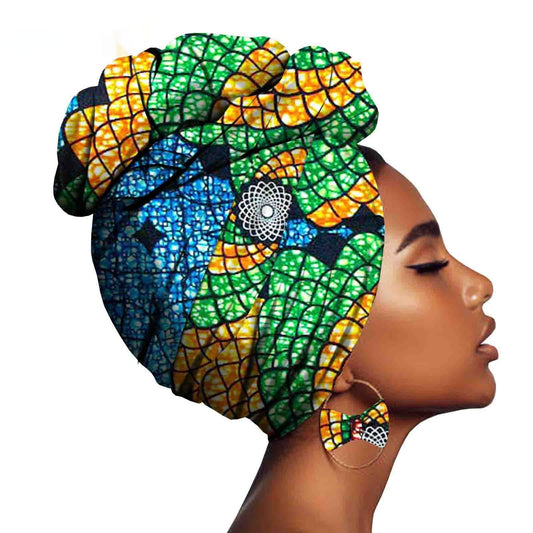 African Printed Batik Headscarf  with Exaggerated Earrings