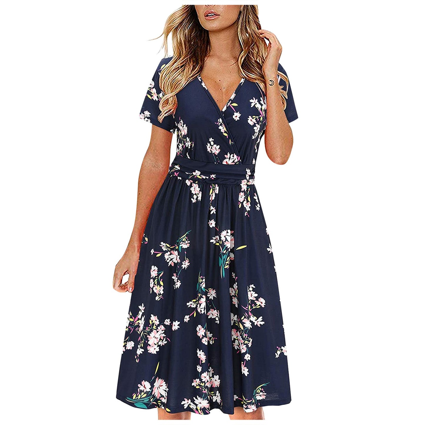 Tropics Printed V-neck Wrapped Chest Short Sleeve Pocket  Mid Dress