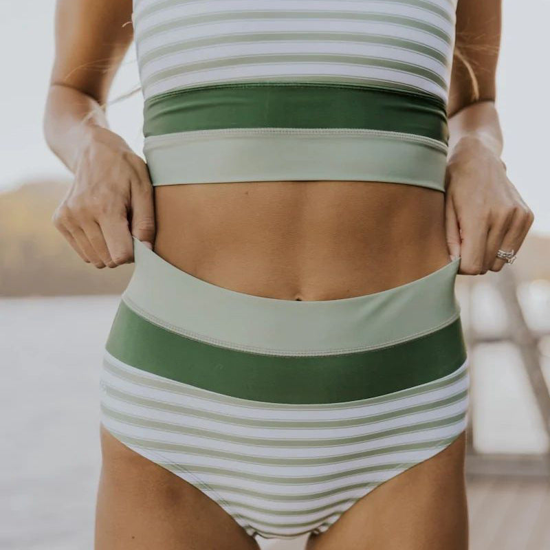 Women High Waist Stripe Pattern Bikini, Zipper Closure, Green